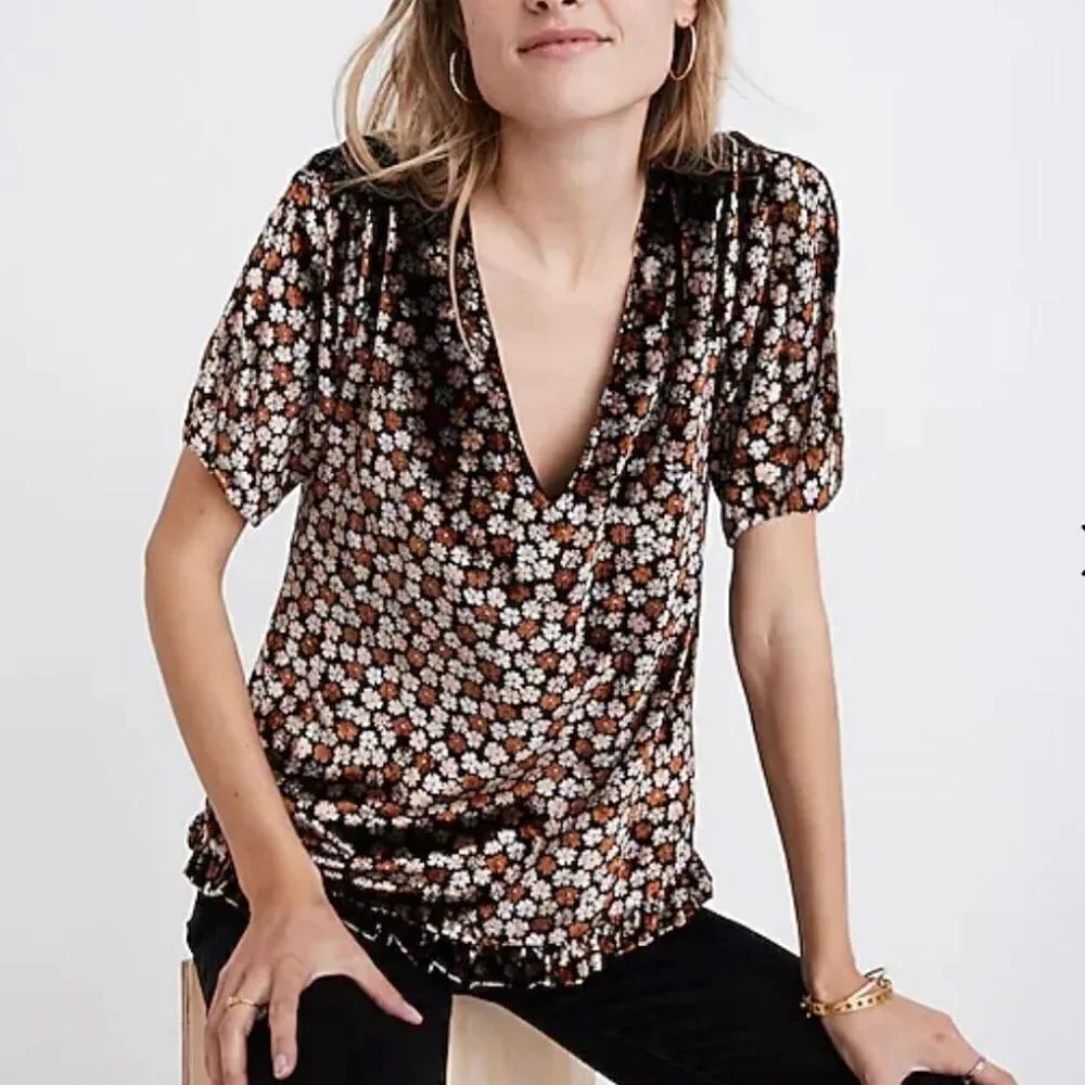 Madewell Velvet Tulip-Sleeve Ruffle Top in Petite Blooms Size S
